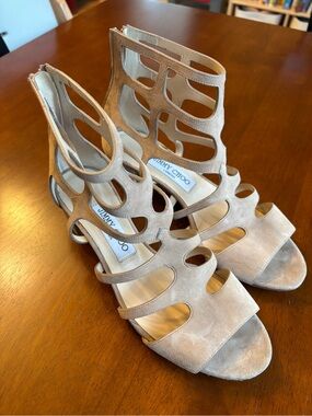 Jimmy Choo Taupe Cutout Suede High Heel Sandals